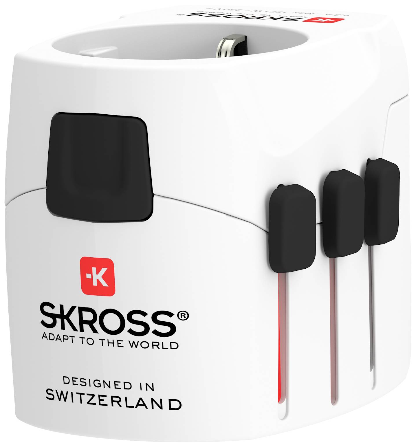 Adapter-Stecker von Skross mit drei Schiebereglern und der Aufschrift 'Designed in Switzerland'.