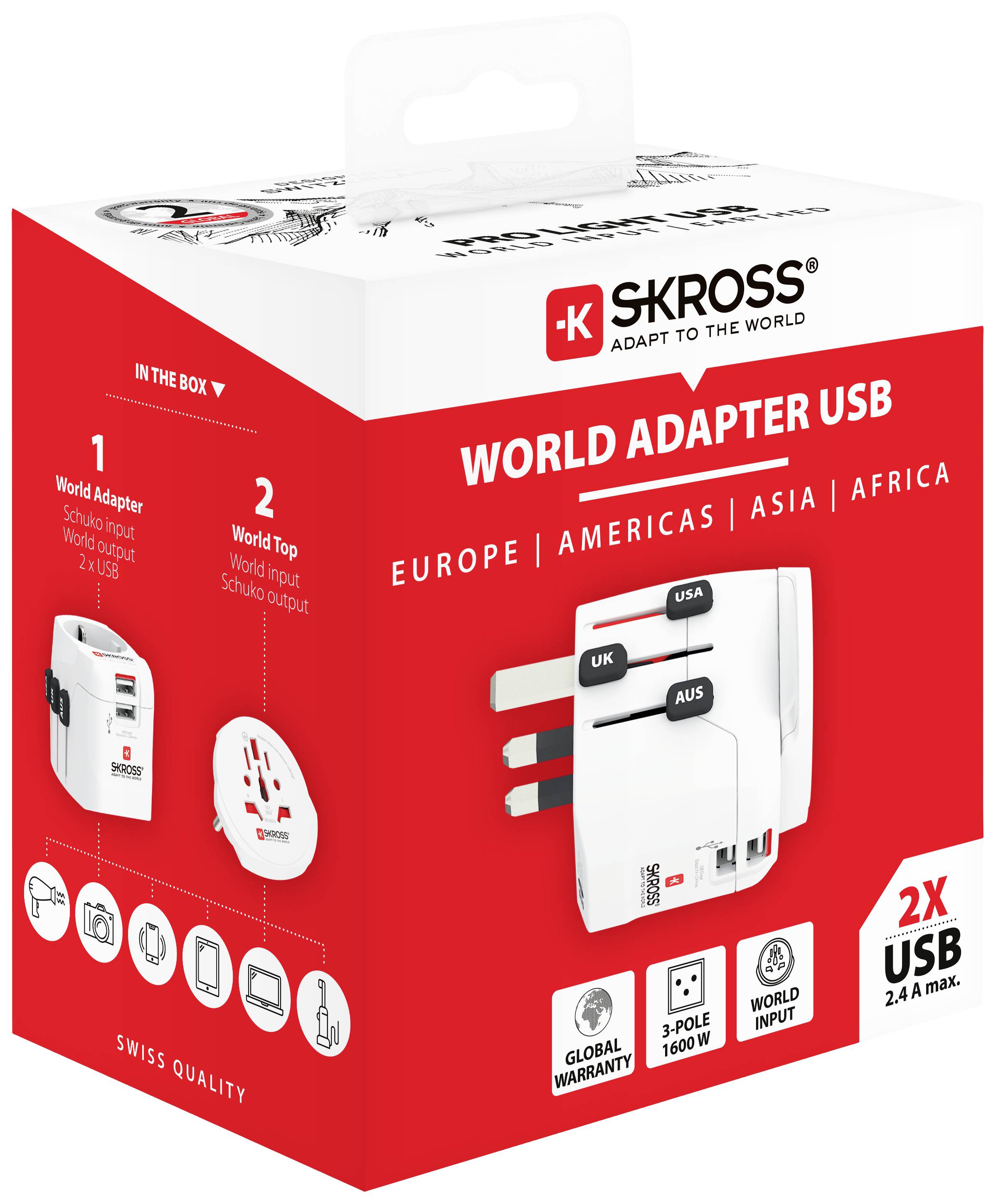 Verpackung eines SKROSS World Adapter USB. Zeigt Adapter mit verschiedenen Steckertypen (UK, AUS, USA). Für Europa, Amerika, Asien, Afrika. Mit zwei USB-Anschlüssen.