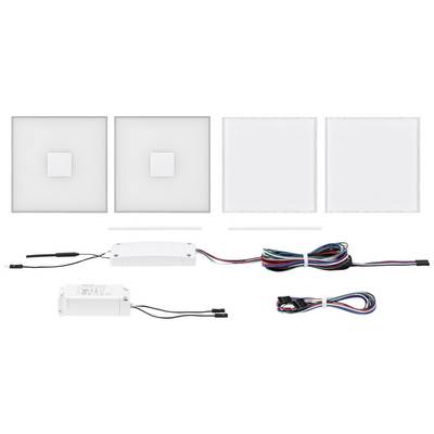 LED-Deckenpaneel-Set bestehend aus zwei quadratischen Leuchten, Steuergerät, Kabeln und Montagematerial, geeignet für Beleuchtungszwecke.