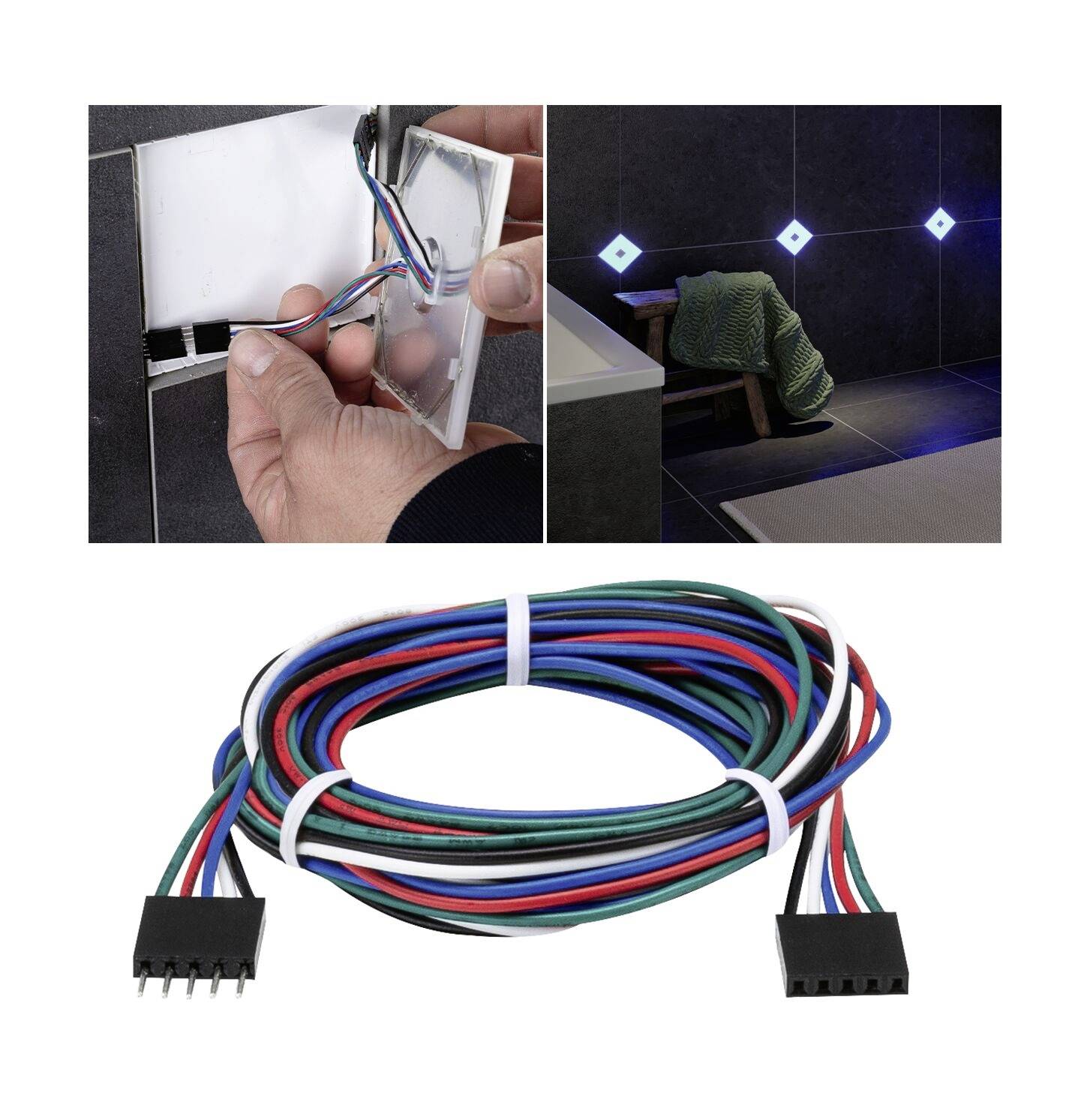 Ein Mann installiert LED-Paneele an einer Wand. Daneben ein beleuchteter Raum mit LED-Lichtern. Vordergrund: Kabel für Stromversorgung.