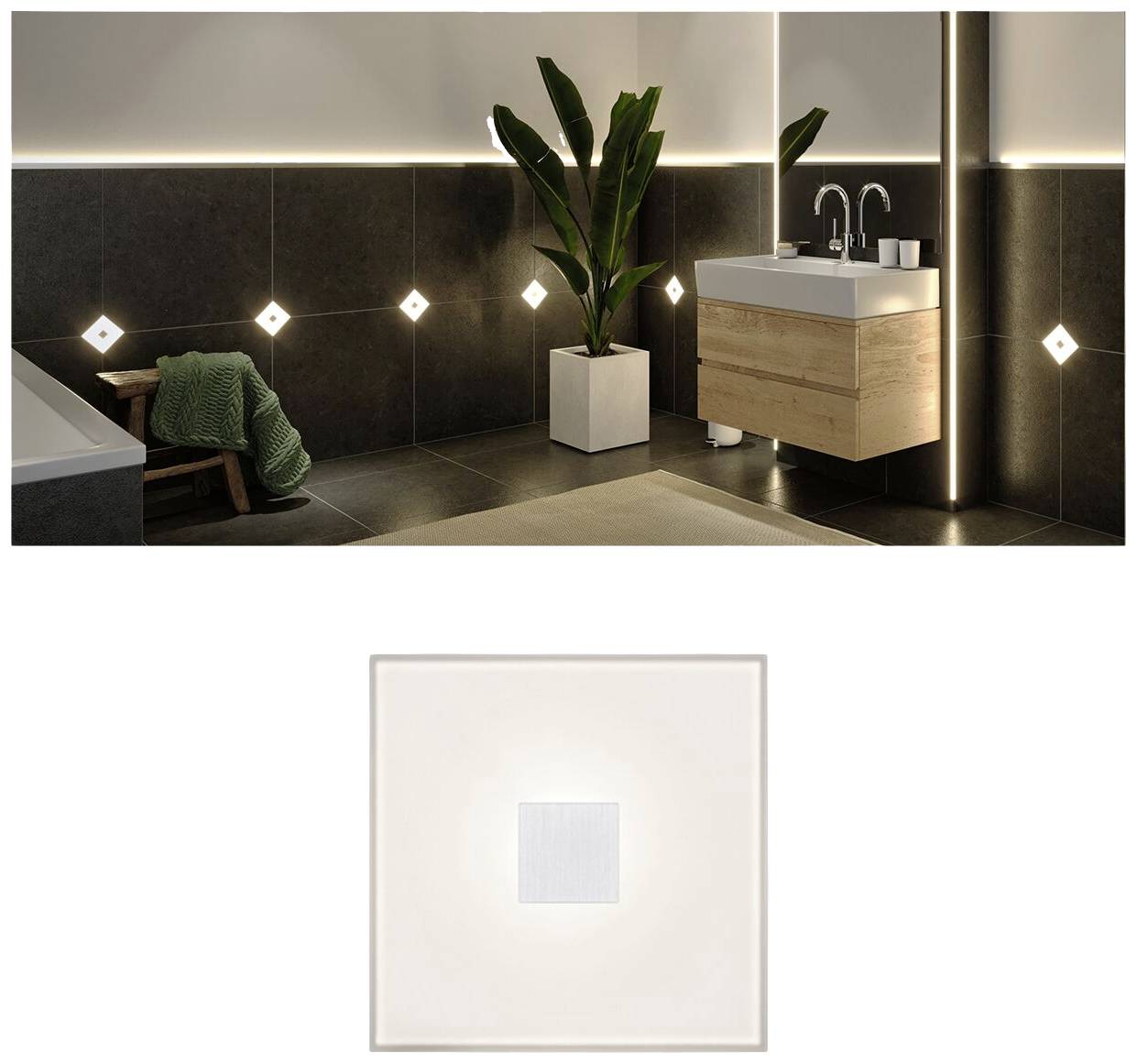 Moderner Badezimmerbereich mit Wand- und Bodenfliesen, Pflanzen, Waschbecken und Beleuchtung. Highlight: Quadratische Leuchte an der Wand.