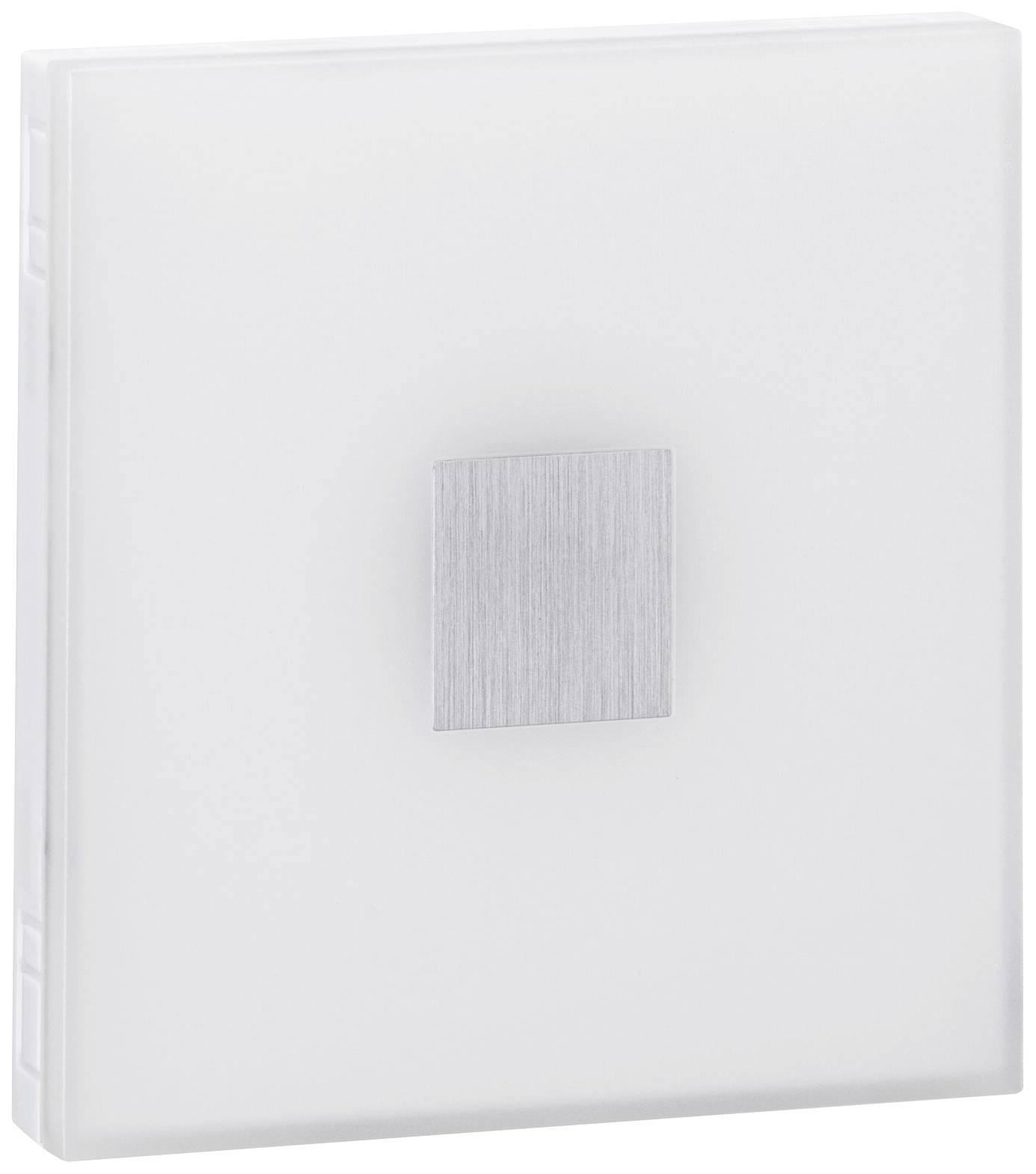 Quadratische weiße LED-Wandleuchte mit satiniertem Finish und mittigem rechteckigem, silberfarbenem Detail, geeignet für moderne Innenräume.