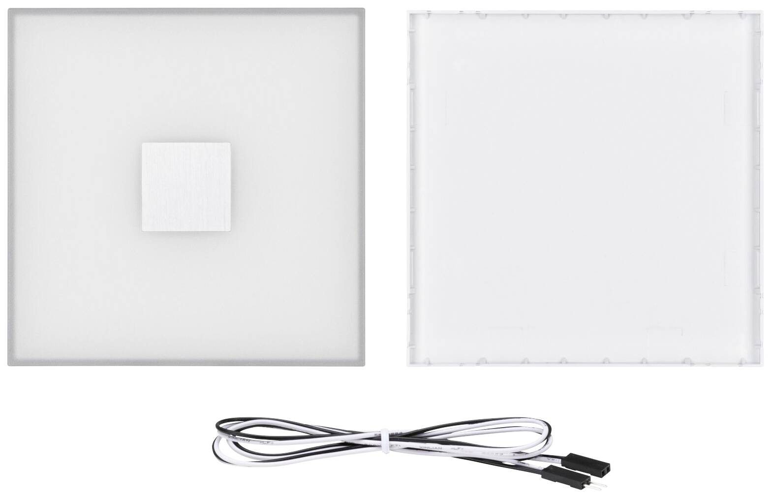 'Quadratische LED-Panels mit weißem Rahmen, Vorder- und Rückansicht, inklusive Anschlusskabel. Geeignet zur Deckenmontage.'