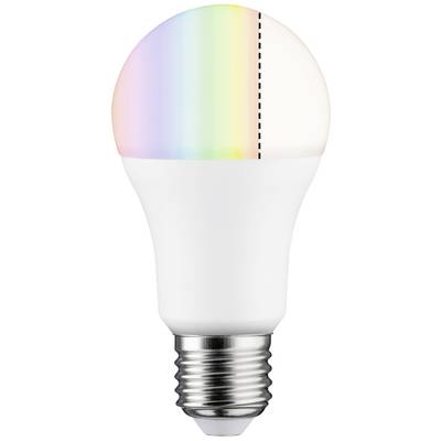 Eine Glühbirne, die zur Hälfte in Regenbogenfarben leuchtet und zur anderen Hälfte weiß ist. Sie symbolisiert smarte Beleuchtung.
