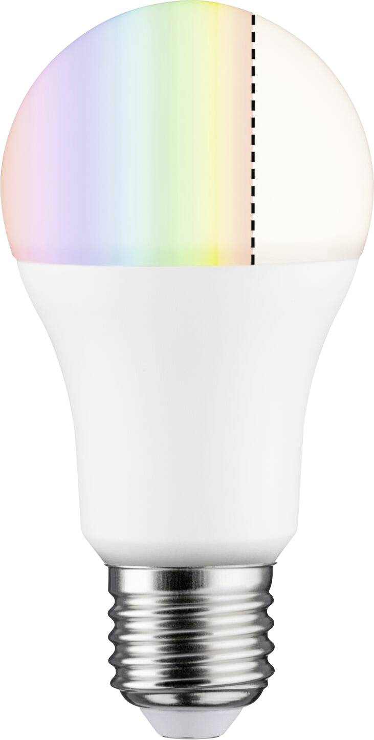 Eine Glühbirne mit buntem Licht auf der oberen Hälfte, das von einem Regenbogen inspiriert ist. Weiße Basis mit Metallsockel.