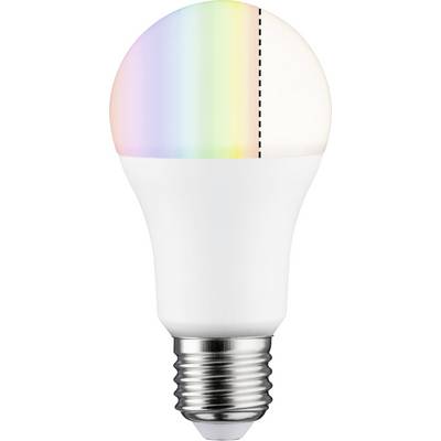 Eine Glühbirne mit buntem Licht auf der oberen Hälfte, das von einem Regenbogen inspiriert ist. Weiße Basis mit Metallsockel.