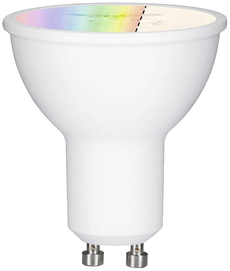 Weiße LED-Lampe mit GU10-Fassung, zeigt obere Abdeckung mit Regenbogenspektrum und gestrichelter Linie zur Trennung.