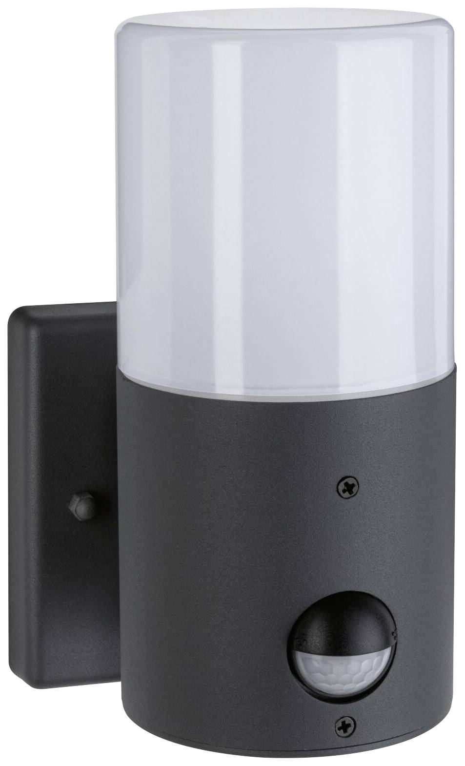 Schwarze Außenwandleuchte mit weißem Lampenschirm und integriertem Bewegungsmelder, geeignet für die Hauswandmontage.