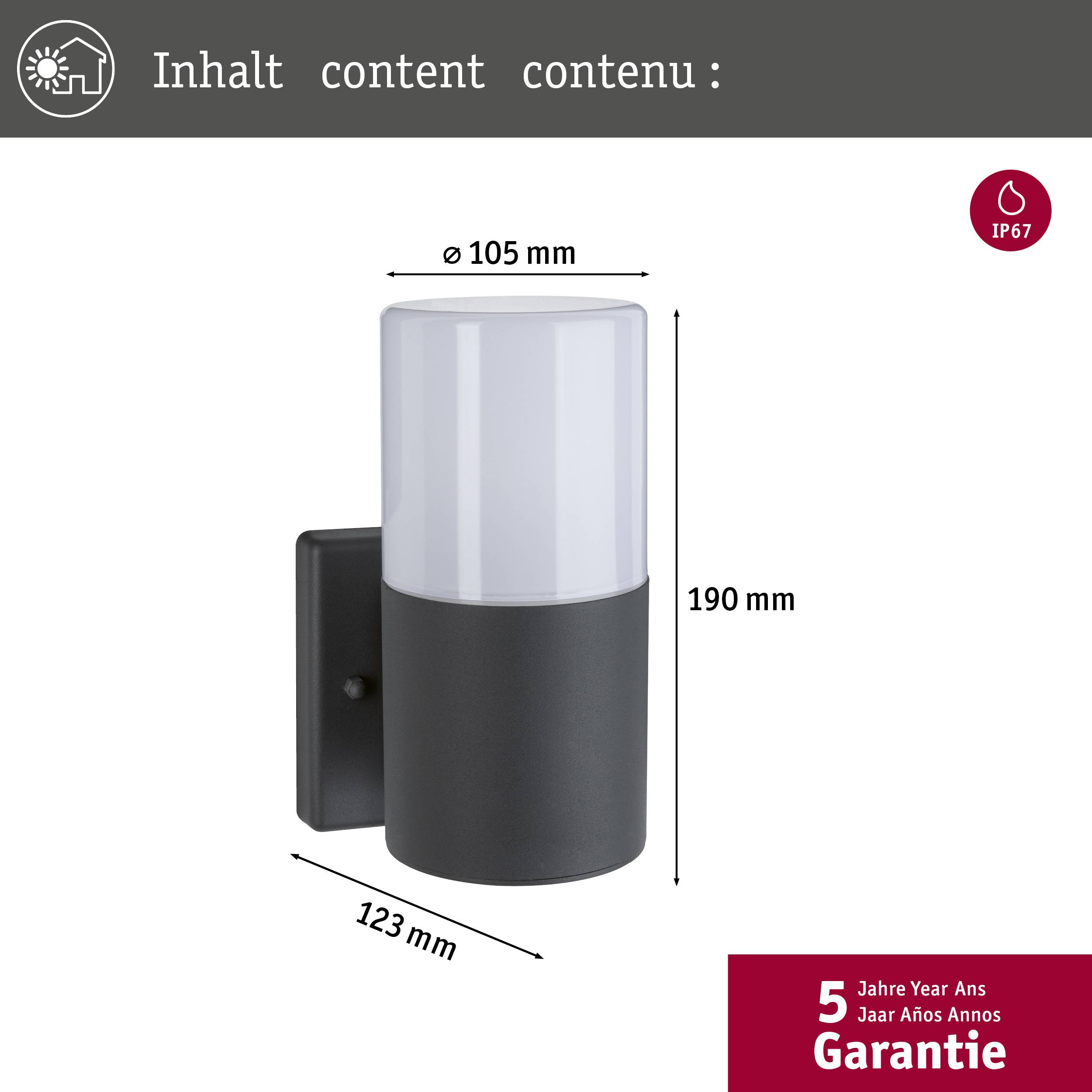 Außenwandleuchte mit zylindrischem Design, Maße: 190 mm Höhe, 105 mm Durchmesser, 123 mm Tiefe, IP67, 5 Jahre Garantie.