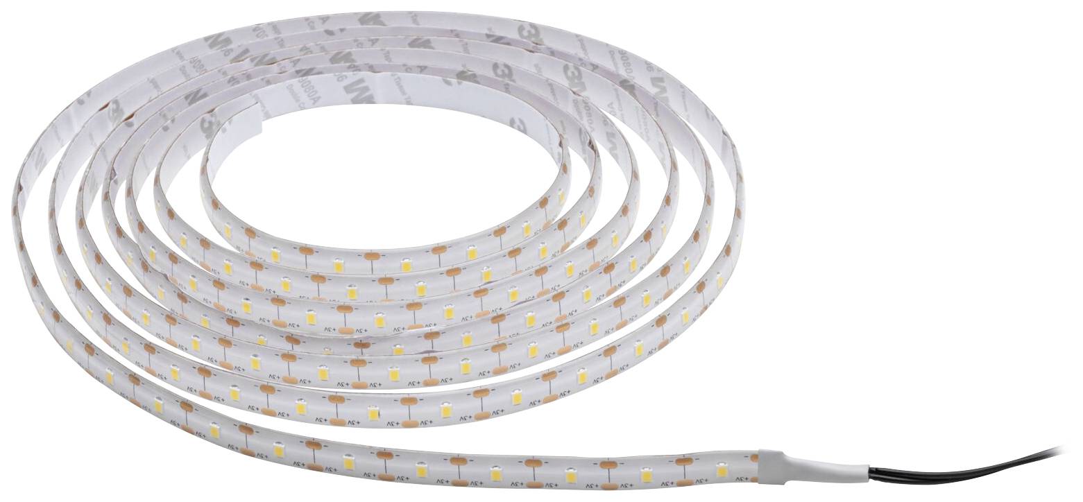 Ein aufgerollter LED-Streifen mit gelben LEDs und einem schwarzen Kabelanschluss am Ende, bereit zur Installation.