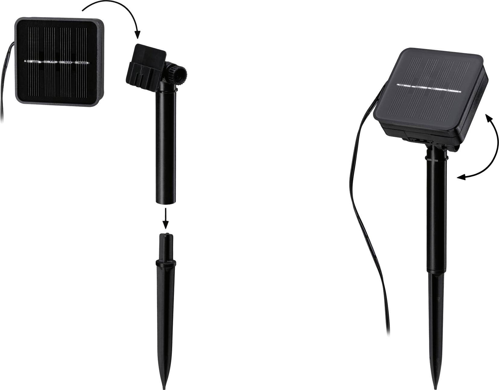 Zwei schwarze Solarlampen mit Erdspieß. Links zeigt den Aufbau in drei Schritten, rechts eine fertige Lampe mit verstellbarem Solarpanel.