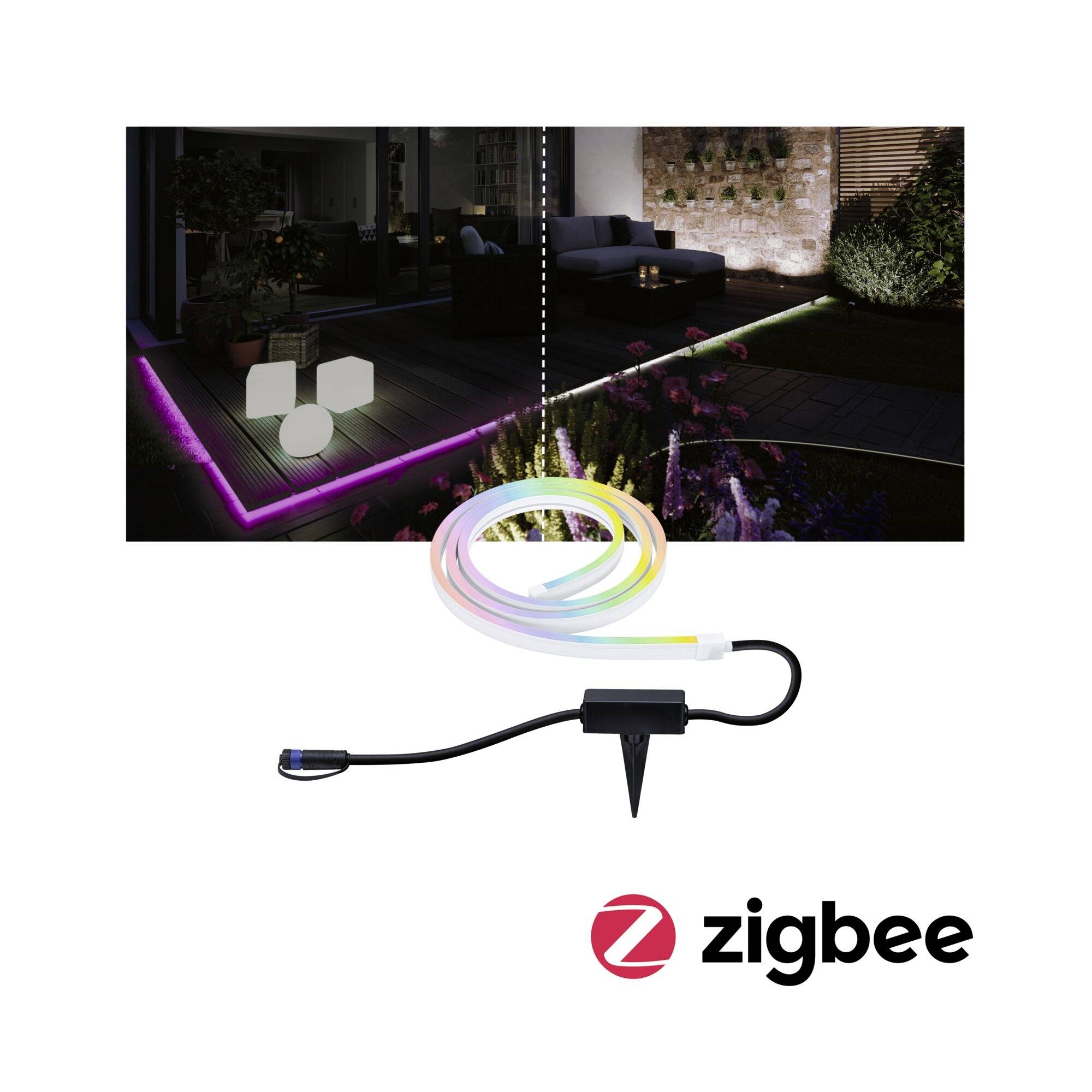 Ein Garten mit farblich variierender Beleuchtung, verbunden mit einem Kabel und Zigbee-Logo, zeigt smarte Außenbeleuchtungslösung.