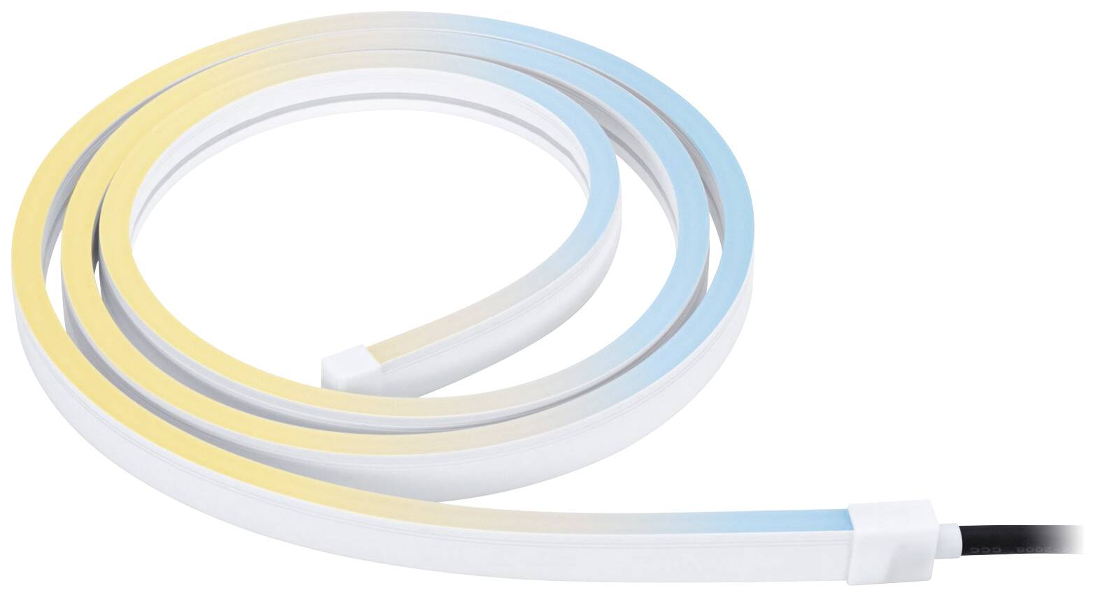 Ein LED-Streifen in Spiralform, mit weichem, mehrfarbigem Licht. Hauptfarben sind Gelb, Weiß und Blau. Verwendungszweck: dekorative Beleuchtung.