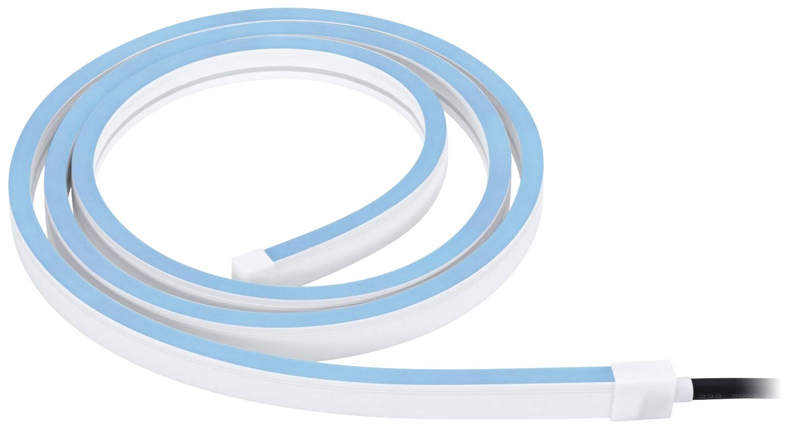 Ein flexibles LED-Lichtband in Blau und Weiß, gewunden in einer S-Form, mit einem schwarzen Anschluss am Ende.