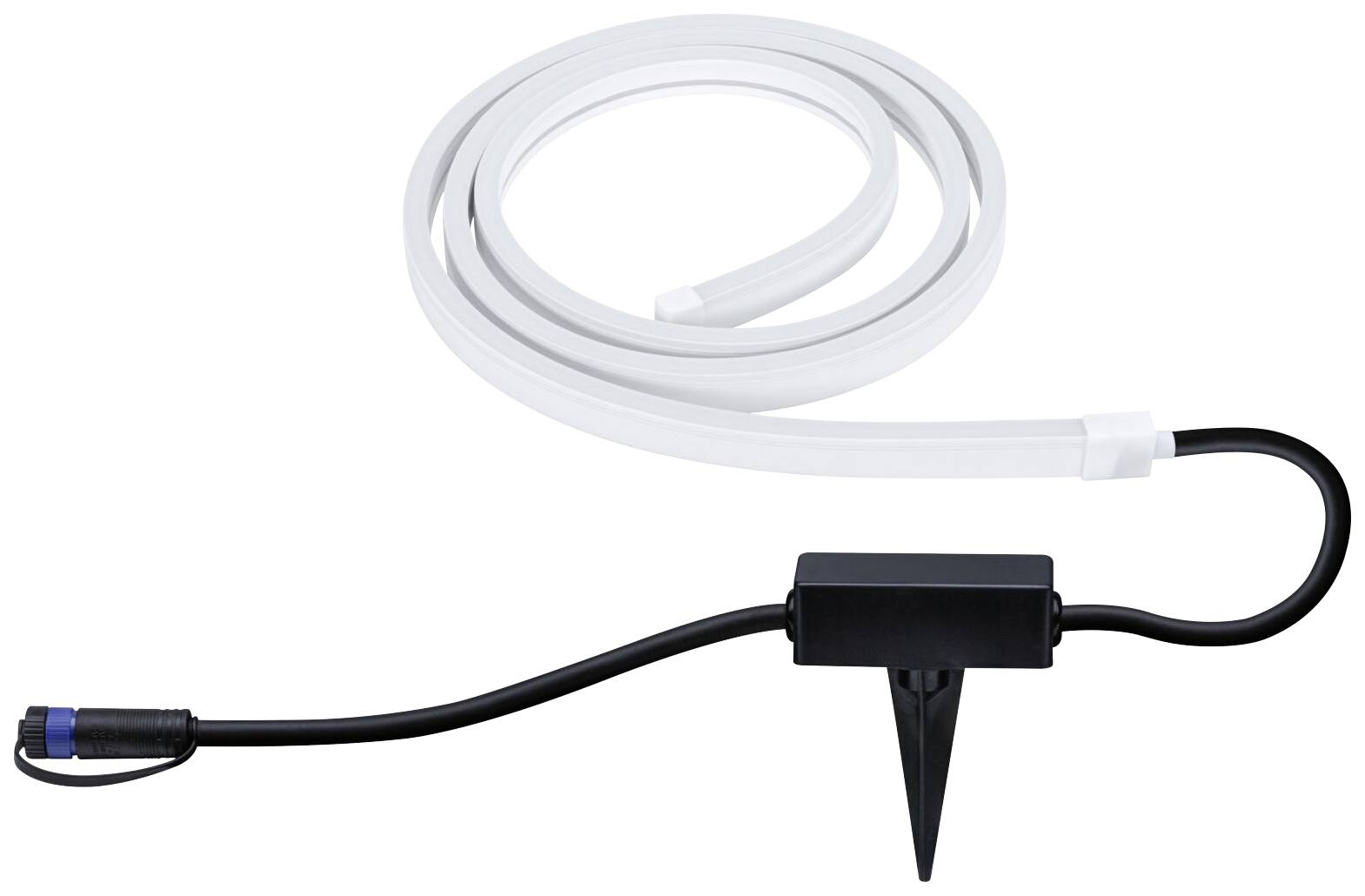 Ein LED-Lichtband mit Netzkabel und Erdspieß zur Befestigung. Das weiße Band ist flexibel, das Kabel ist schwarz mit einem blauen Stecker.