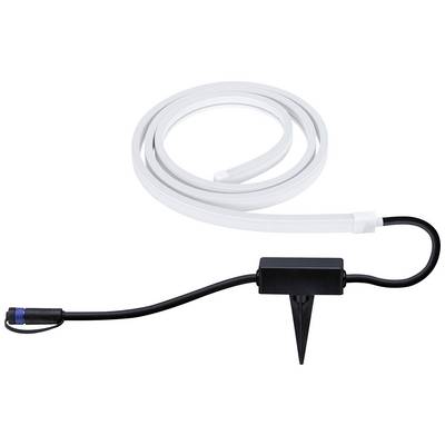 Ein LED-Lichtband mit Netzkabel und Erdspieß zur Befestigung. Das weiße Band ist flexibel, das Kabel ist schwarz mit einem blauen Stecker.