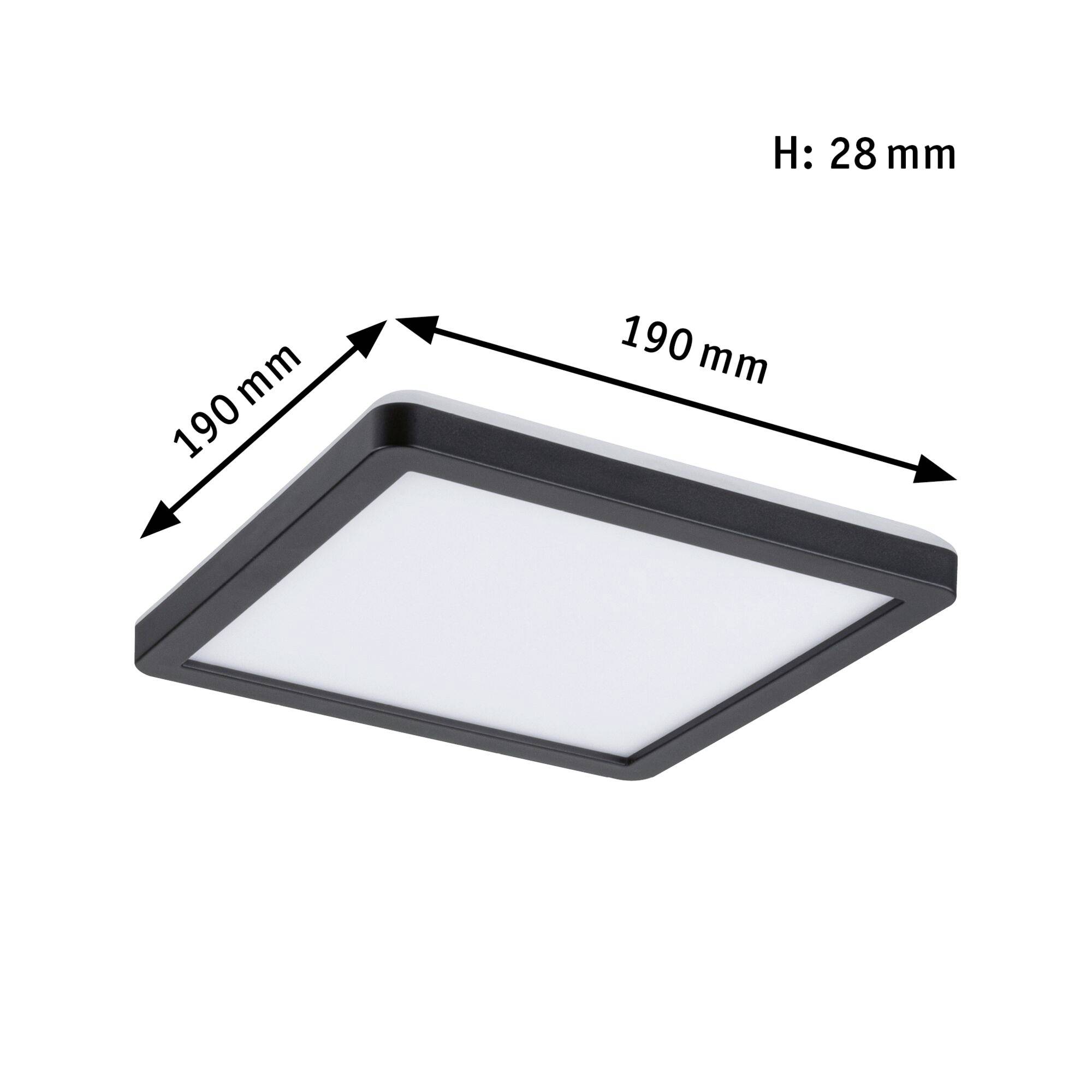 Quadratische LED-Deckenleuchte, Maße 190 x 190 mm, Höhe 28 mm, in schwarzem Rahmen, zeigt Abmessungen mit Pfeilen.