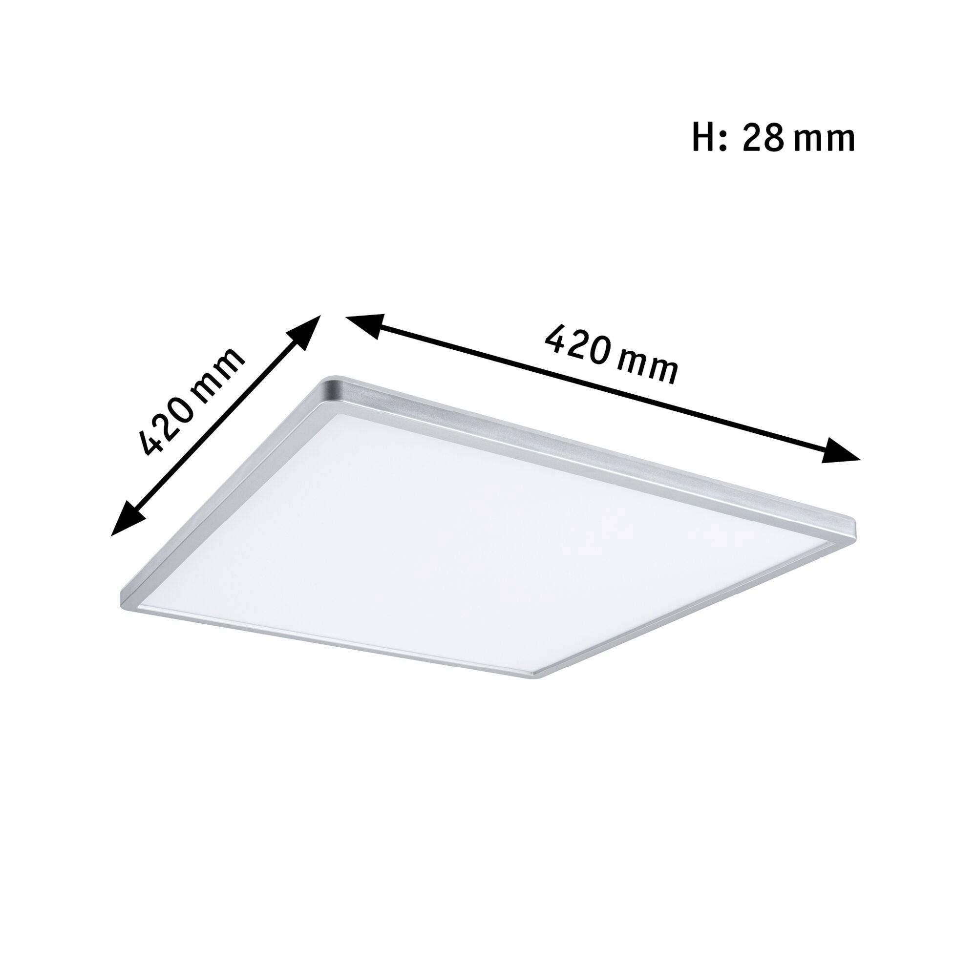 Ein rechteckiges LED-Panel mit silbernem Rahmen, 420 mm x 420 mm, Höhe 28 mm.