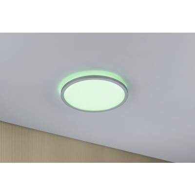 Eine runde LED-Deckenlampe mit grünem Licht an der weißen Decke eines Zimmers. Im Hintergrund ist eine beige Tapete erkennbar.