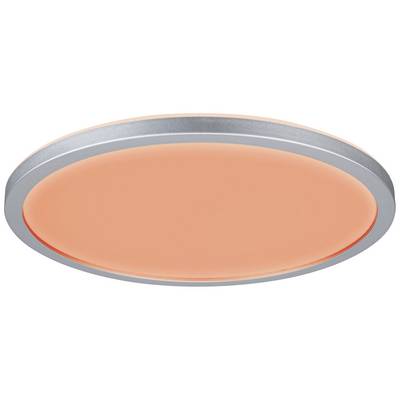 Runde Deckenleuchte mit silbernem Rahmen und orange leuchtender Fläche. Modernes Design, geeignet für Innenbeleuchtung.