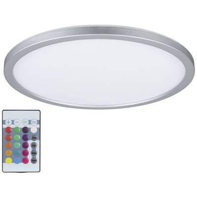 Runde LED-Deckenleuchte in Silber mit Fernbedienung. Leuchte zeigt verschiedene Farben und Modi zur Anpassung der Lichtstimmung.