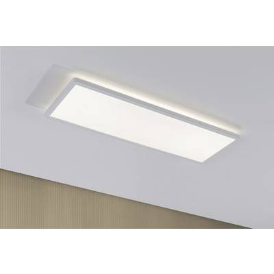 Rechteckige, weiße Deckenleuchte mit modernem Design, die sanftes, gleichmäßiges Licht abstrahlt, montiert an einer weißen Decke.