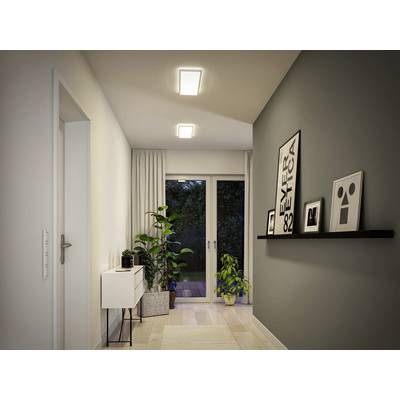Ein heller, moderner Flur mit zwei Deckenleuchten, einem weißen Sideboard, Pflanzen und einem Regal mit Bildern an der Wand.