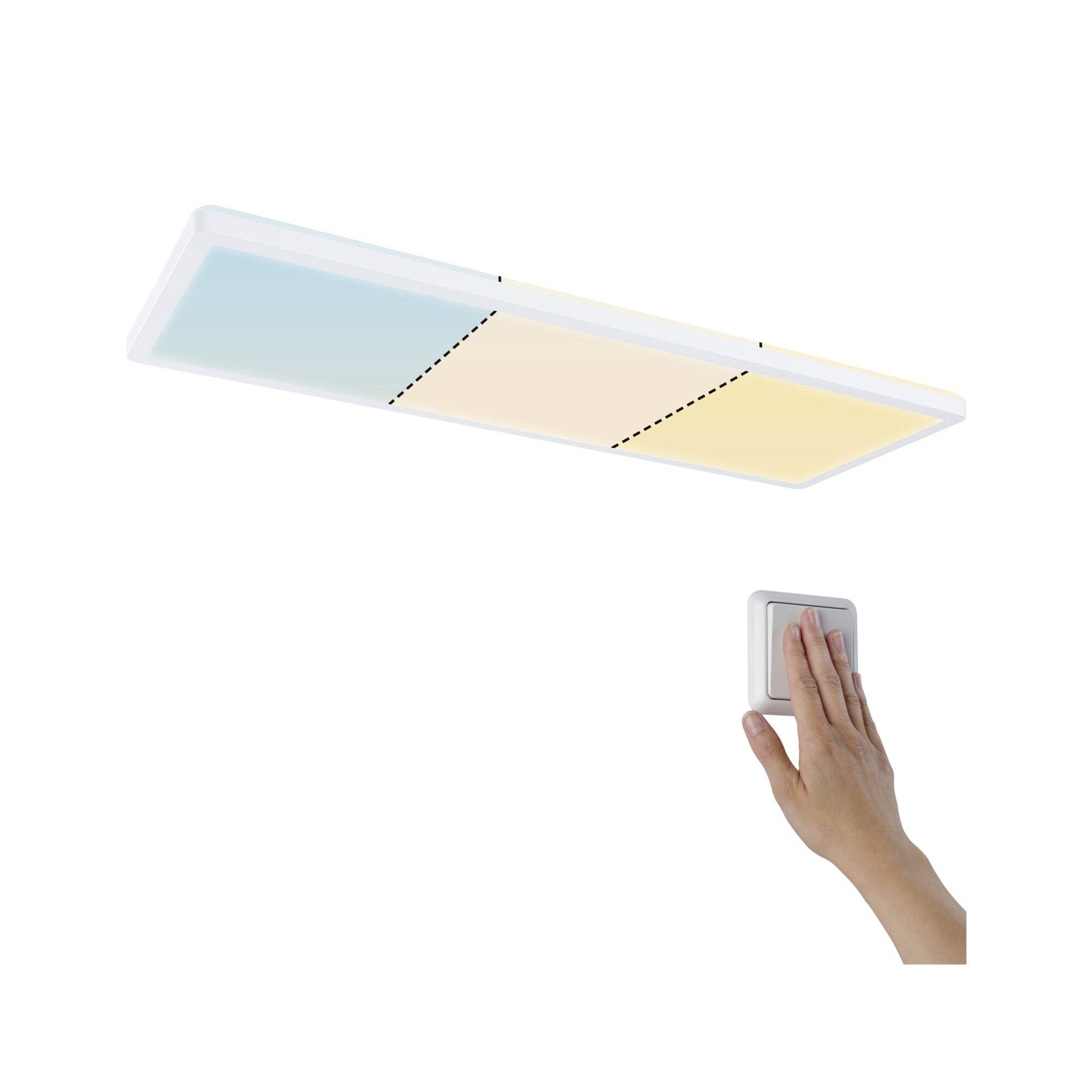 Eine Hand schaltet eine rechteckige Deckenleuchte, die in drei farbigen Segmenten leuchtet.