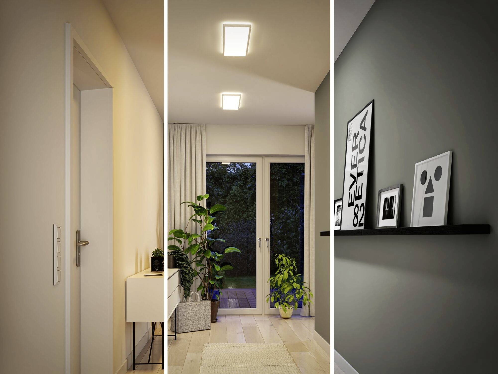 Drei Abschnitte eines Wohnraums mit minimalistischer Einrichtung. Beleuchtete Decke, Pflanze neben einer Glastür und schwebendes Regal.