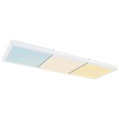 Langrechteckige Deckenleuchte mit drei Farbsegmenten, von links nach rechts: Hellblau, Hellorange und Gelb. Modernes Design.