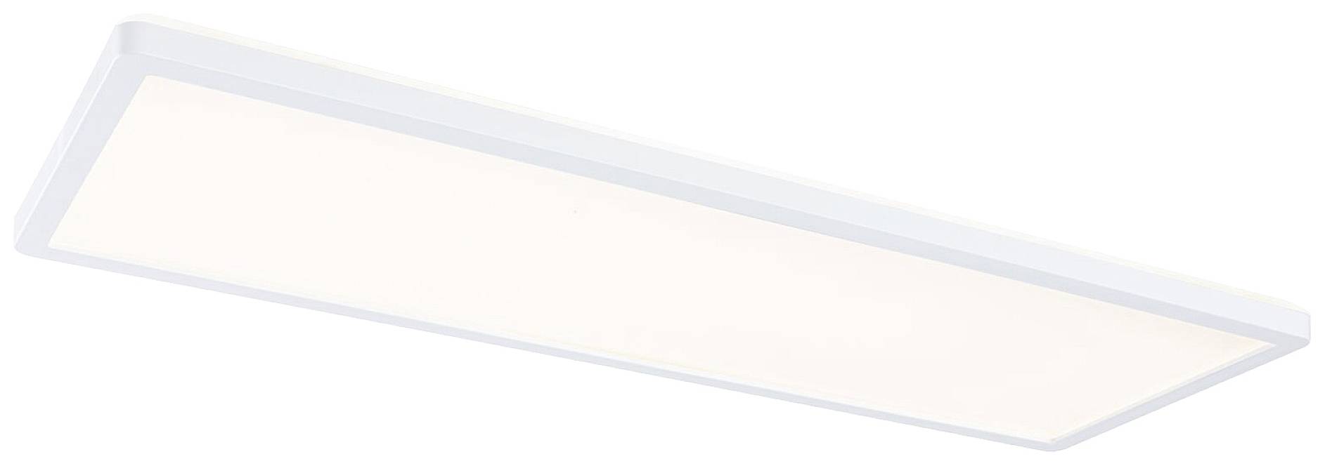 Ein rechteckiges, flaches LED-Deckenpanel mit weißem Rahmen, gleichmäßig leuchtend, für moderne Innenraumbeleuchtung.