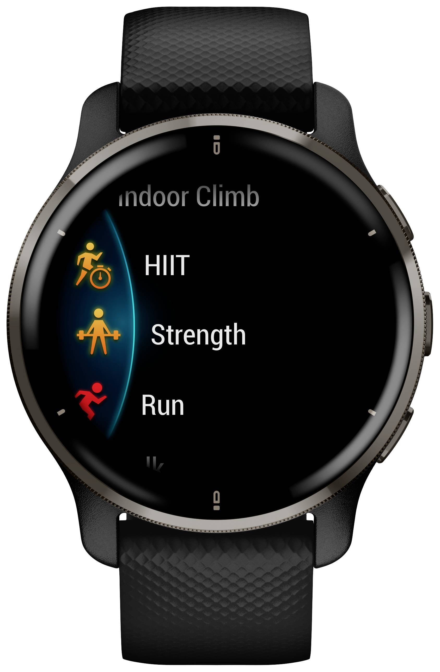Eine Smartwatch zeigt ein Menü mit Trainingsmodi: 'Indoor Climb', 'HIIT', 'Strength', 'Run'. Symbole in gelb und rot illustrieren die Modi.