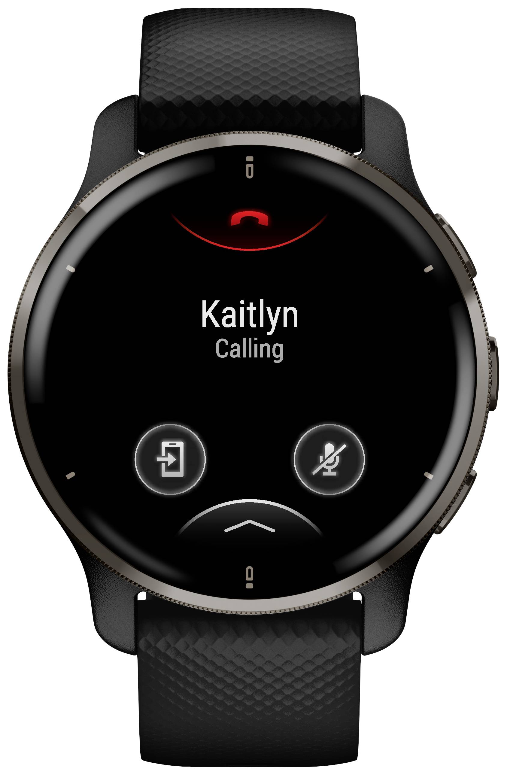 Smartwatch mit schwarzem Armband zeigt eingehenden Anruf von 'Kaitlyn' an. Bildschirmsymbole für Anrufannahme, Ablehnung und Stummschaltung.