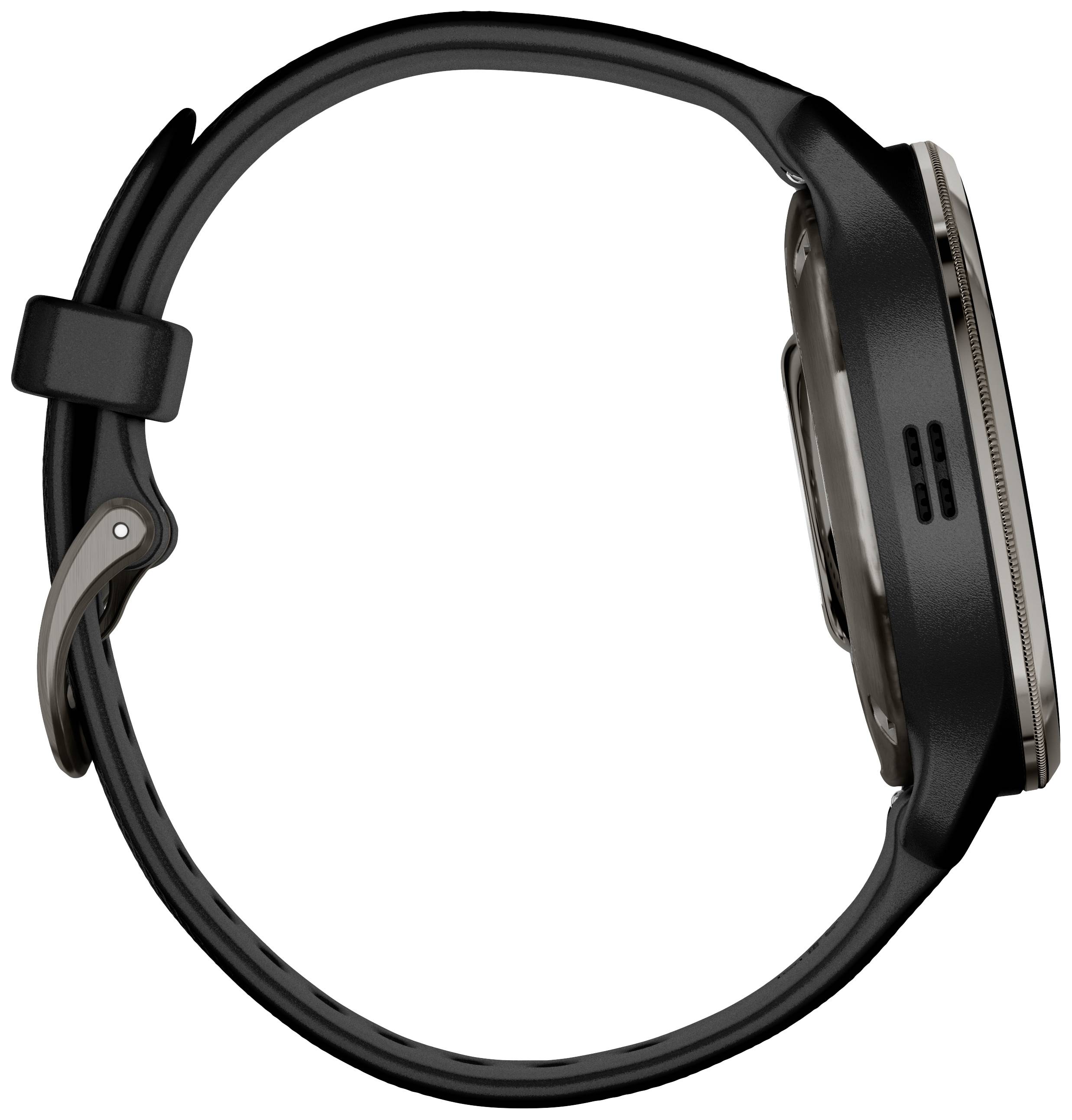 Eine schwarze Smartwatch von der Seite, mit einem runden Zifferblatt und einem Band aus Silikon.