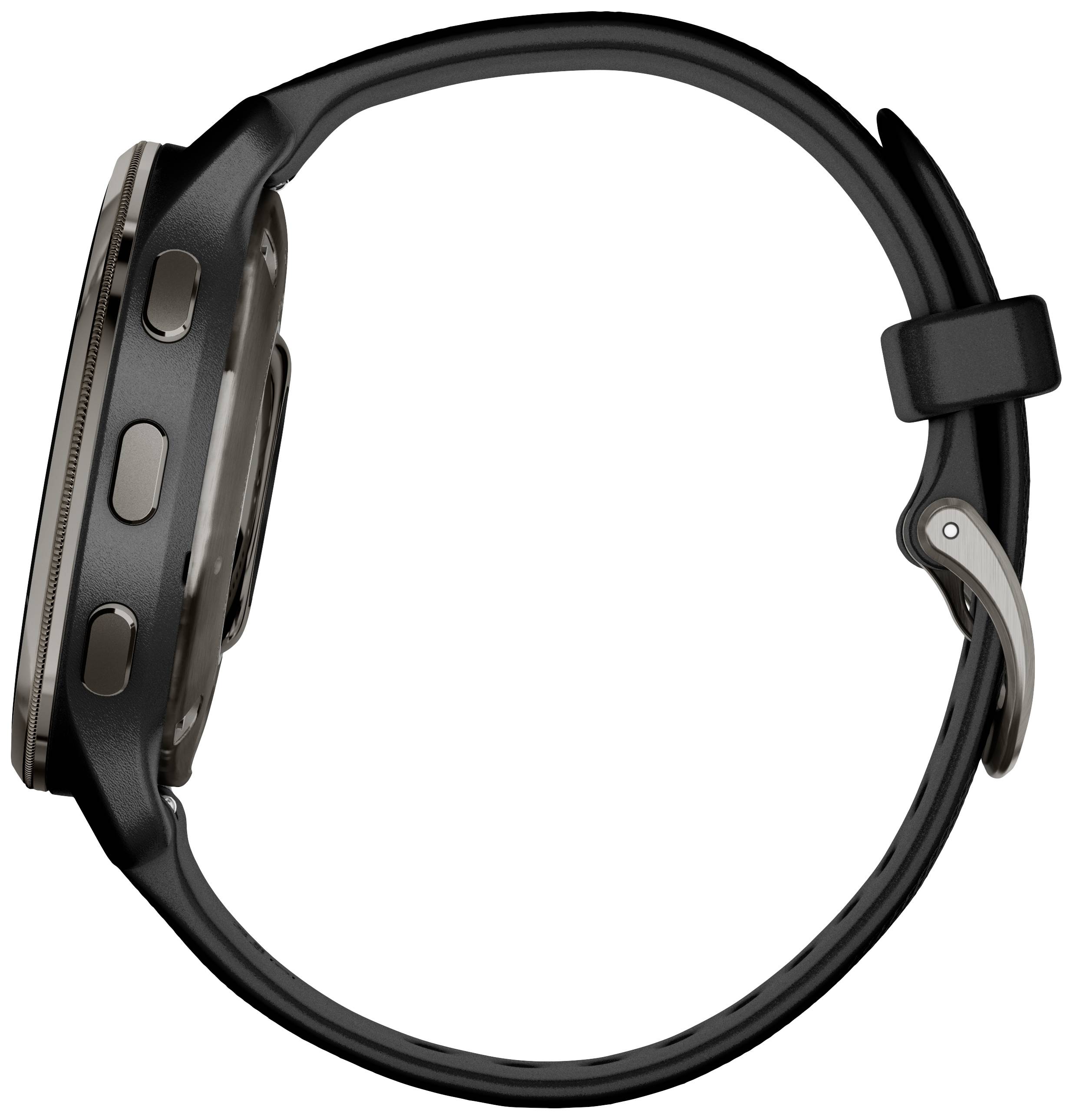 Schwarze Smartwatch mit rundem Zifferblatt, seitlicher Ansicht. Zeigt Bedienknöpfe und Armband, das mit einer Metallschließe befestigt ist.