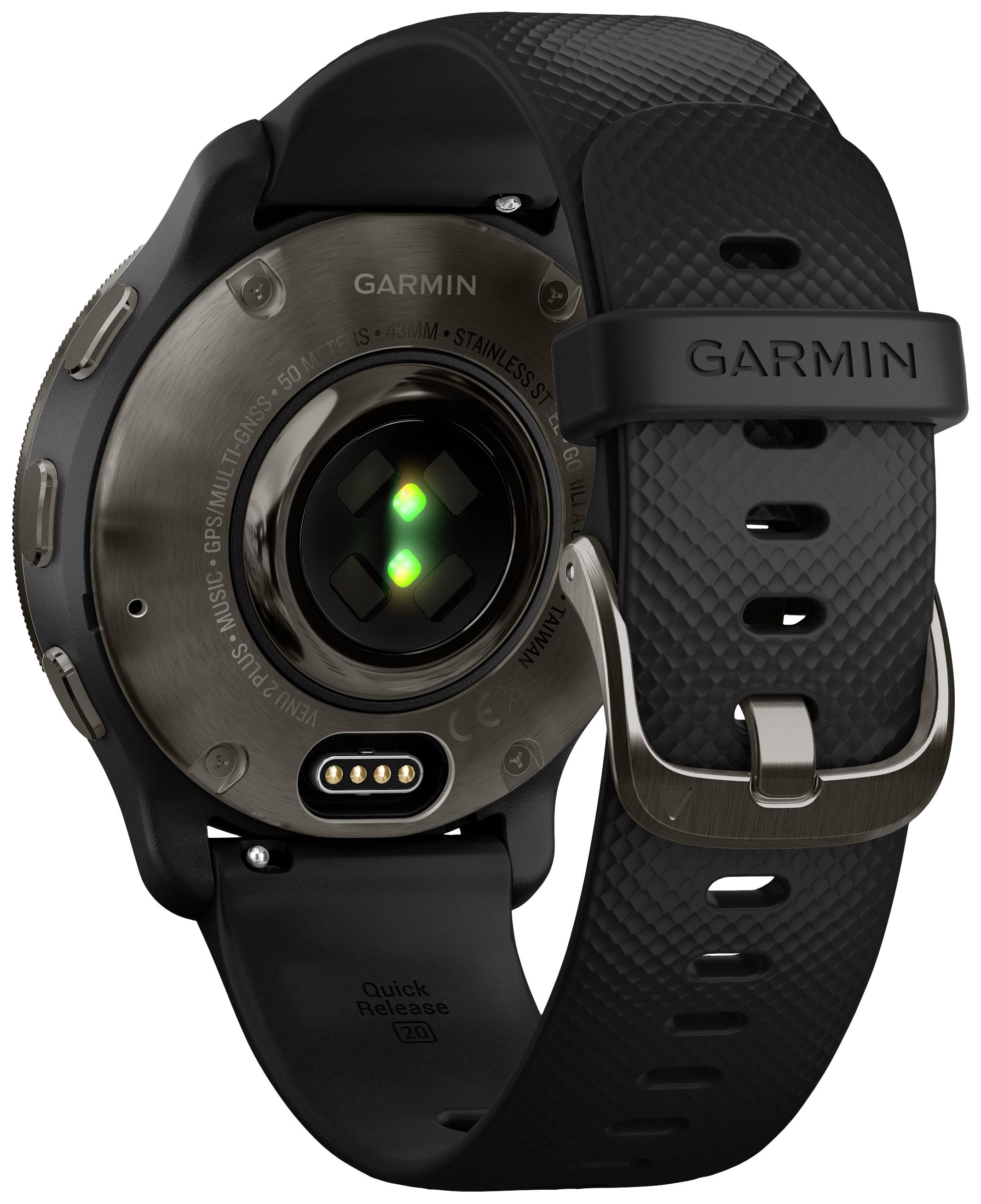 Rückseite einer schwarzen Smartwatch. Sichtbar sind die Sensoren und das Armband mit dem Schriftzug 'Garmin'.