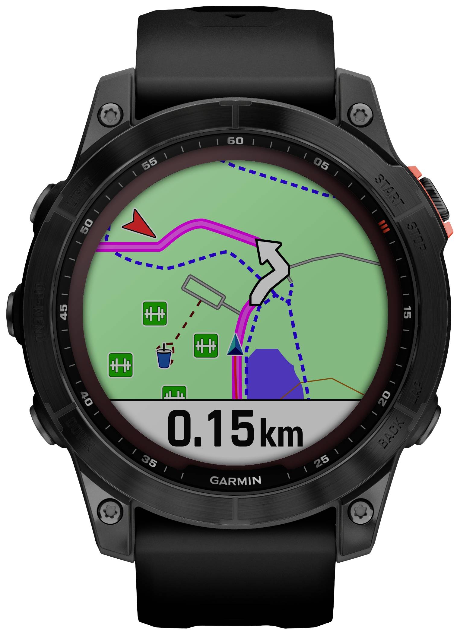 Eine digitale Uhr zeigt ein Navigationssystem mit einem farbigen Kartenpfad und der Anzeige '0,15 km' bis zum Ziel.