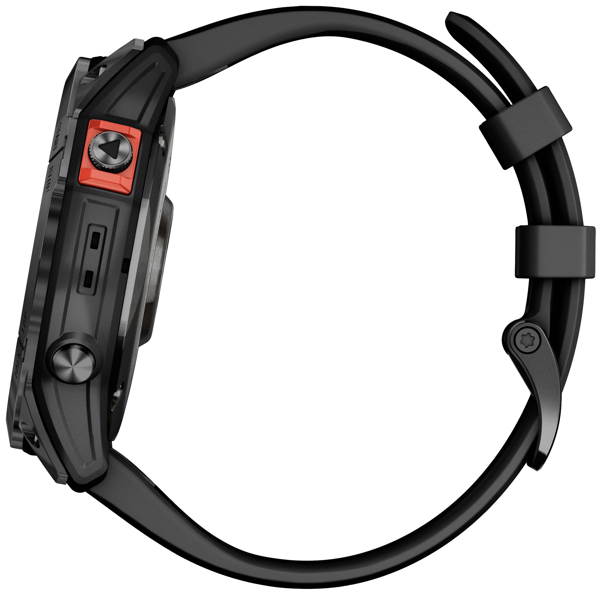 Schwarze Smartwatch von der Seite mit roten Akzenten und schwarzen Knöpfen. Zeigt das schlanke Design und das Armband.