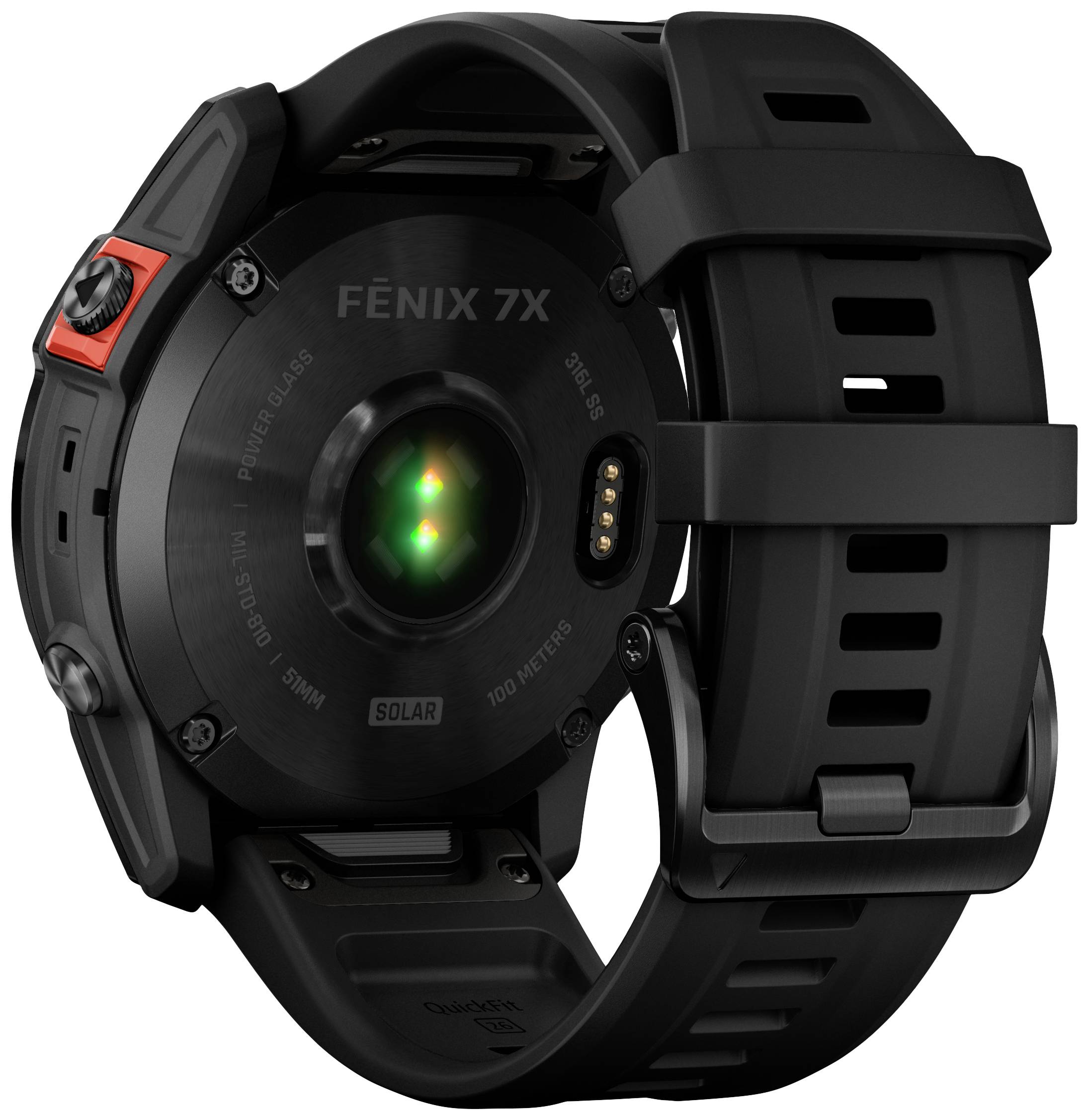 Eine schwarze Smartwatch von hinten, zeigt Sensoren und die Gravur 'Fēnix 7X'. Klares Design mit robustem Armband.