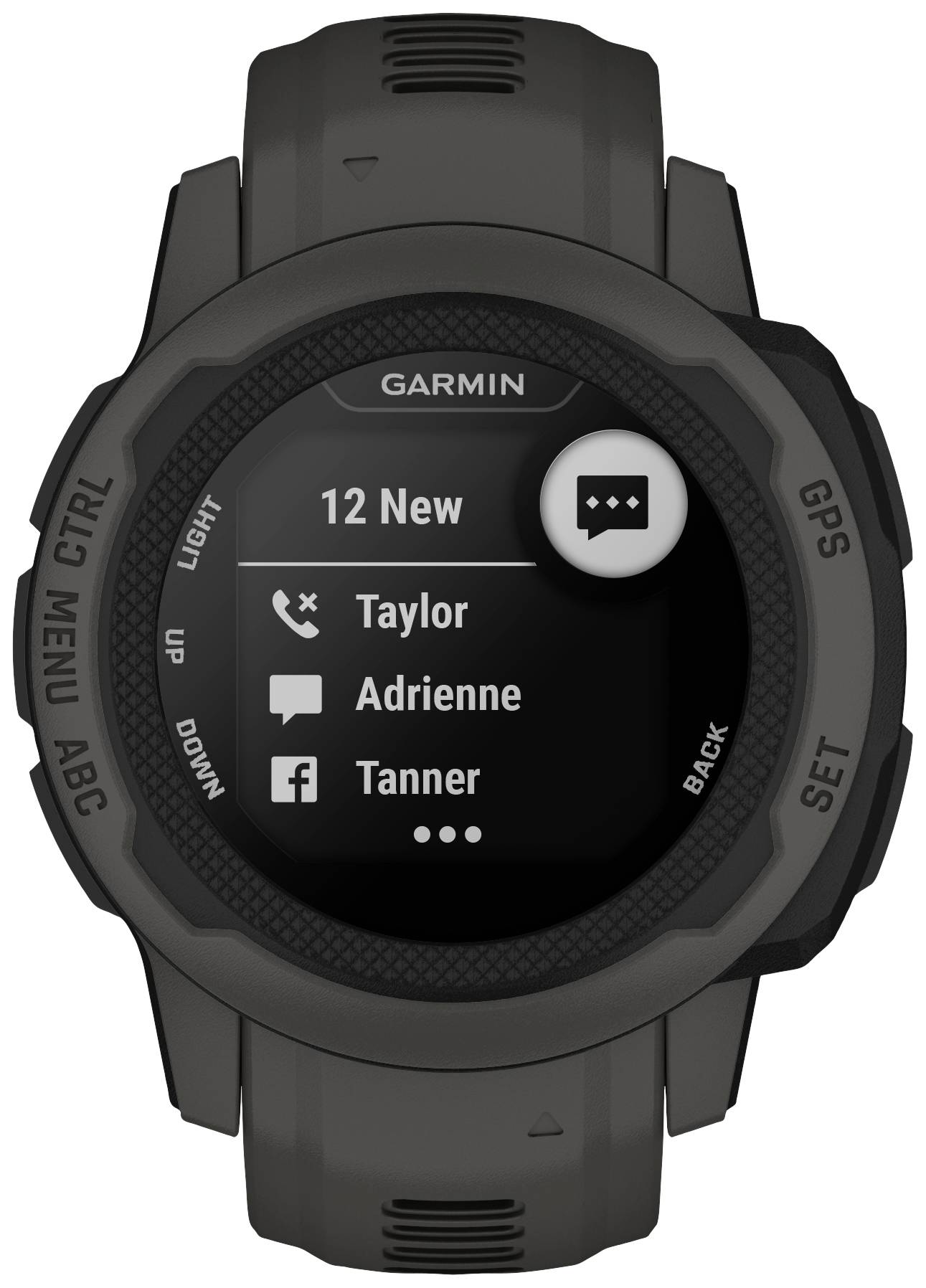 Eine schwarze Smartwatch zeigt neue Benachrichtigungen mit den Namen 'Taylor', 'Adrienne' und 'Tanner' sowie ein Nachrichten-Symbol.