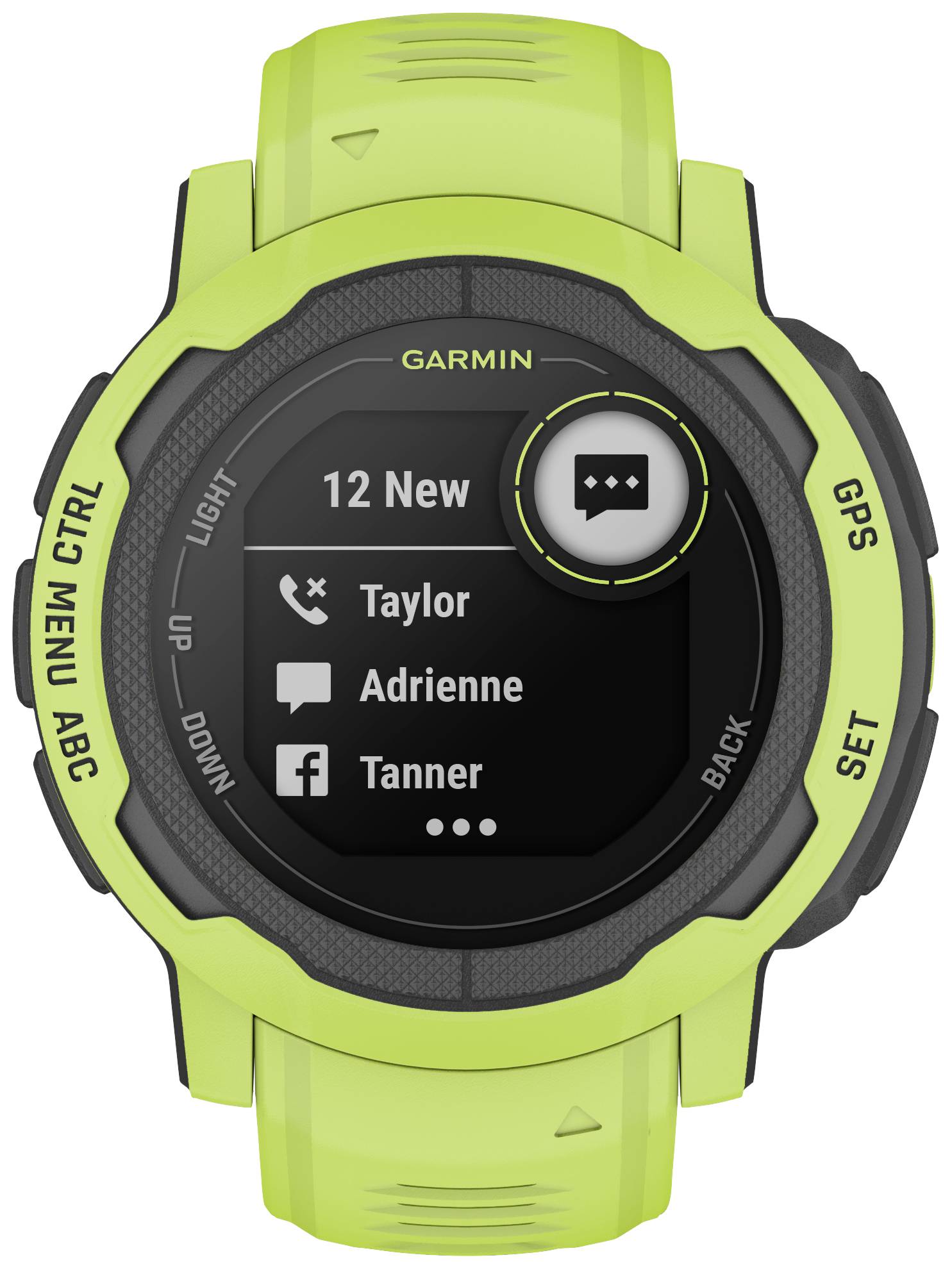 Eine gelbe, runde GPS-Smartwatch zeigt auf dem Display Benachrichtigungen und Kontakte wie 'Taylor', 'Adrienne' und 'Tanner'.