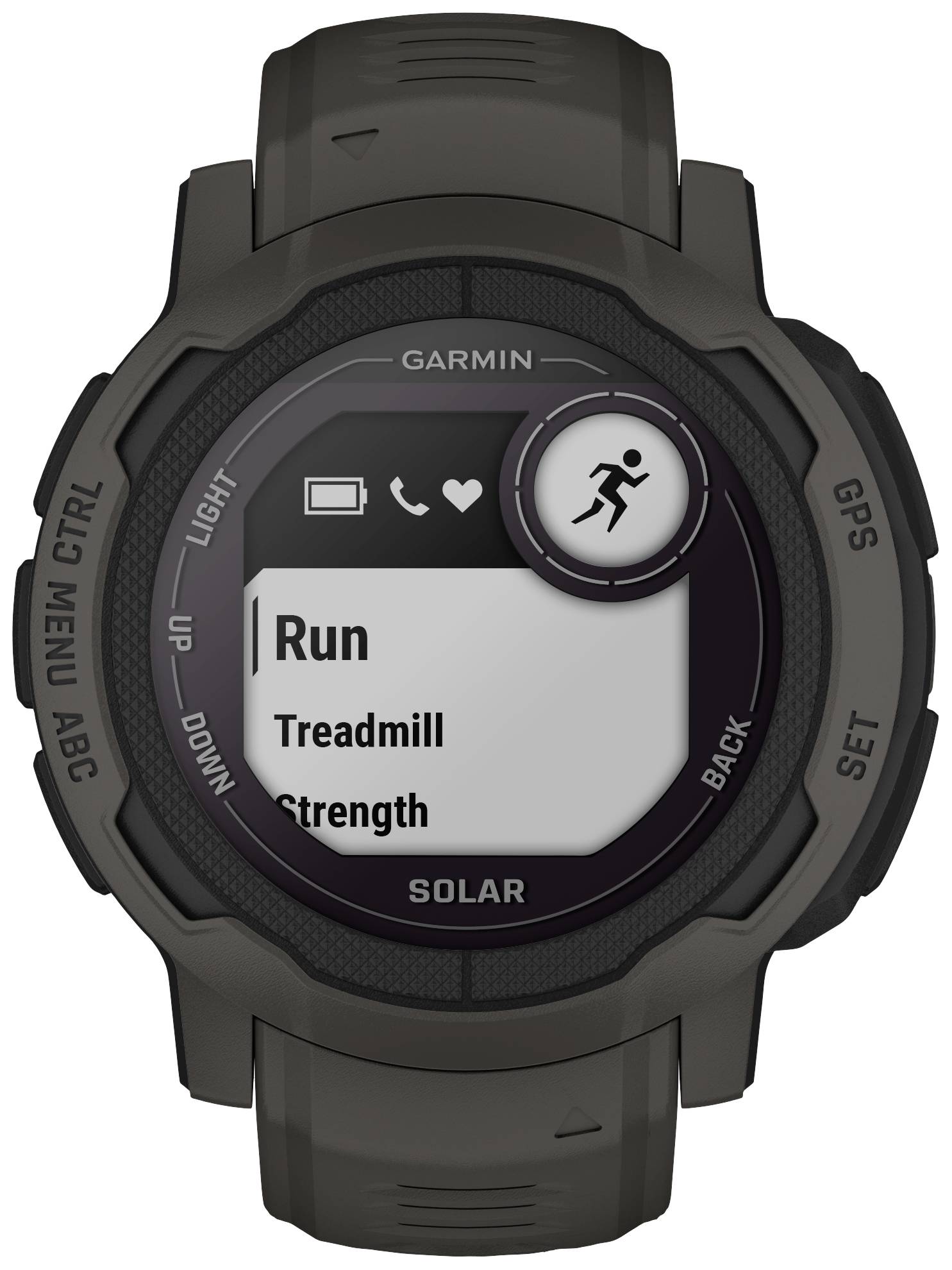 Eine Smartwatch zeigt eine Menüanzeige mit Optionen 'Run', 'Treadmill', und 'Strength'. Oben werden Symbole für Benachrichtigungen angezeigt.