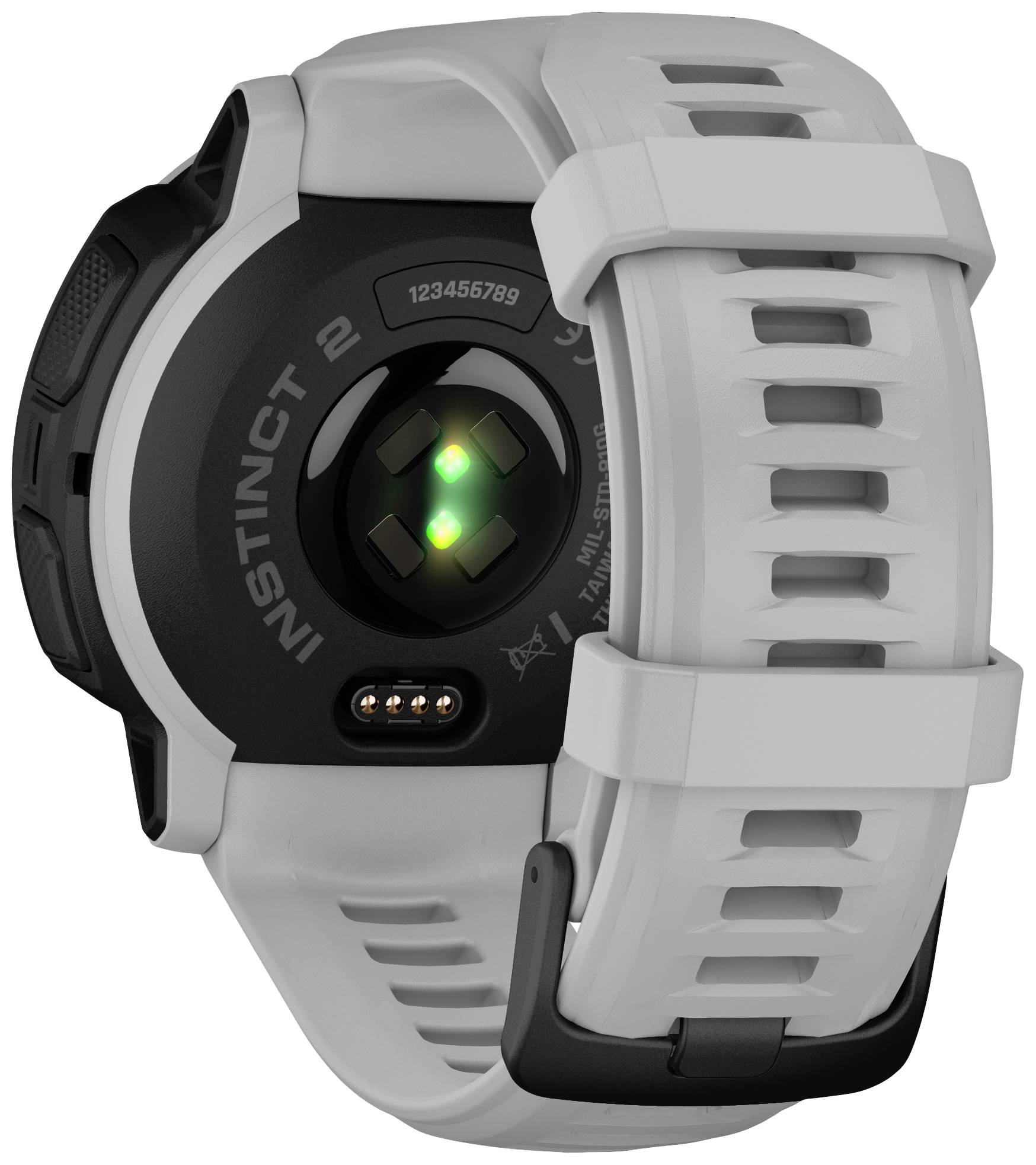 Eine weiße Smartwatch mit schwarz akzentuiertem Gehäuse, Sensoren und Modellnamen 'Instinct 2' auf der Rückseite sichtbar.