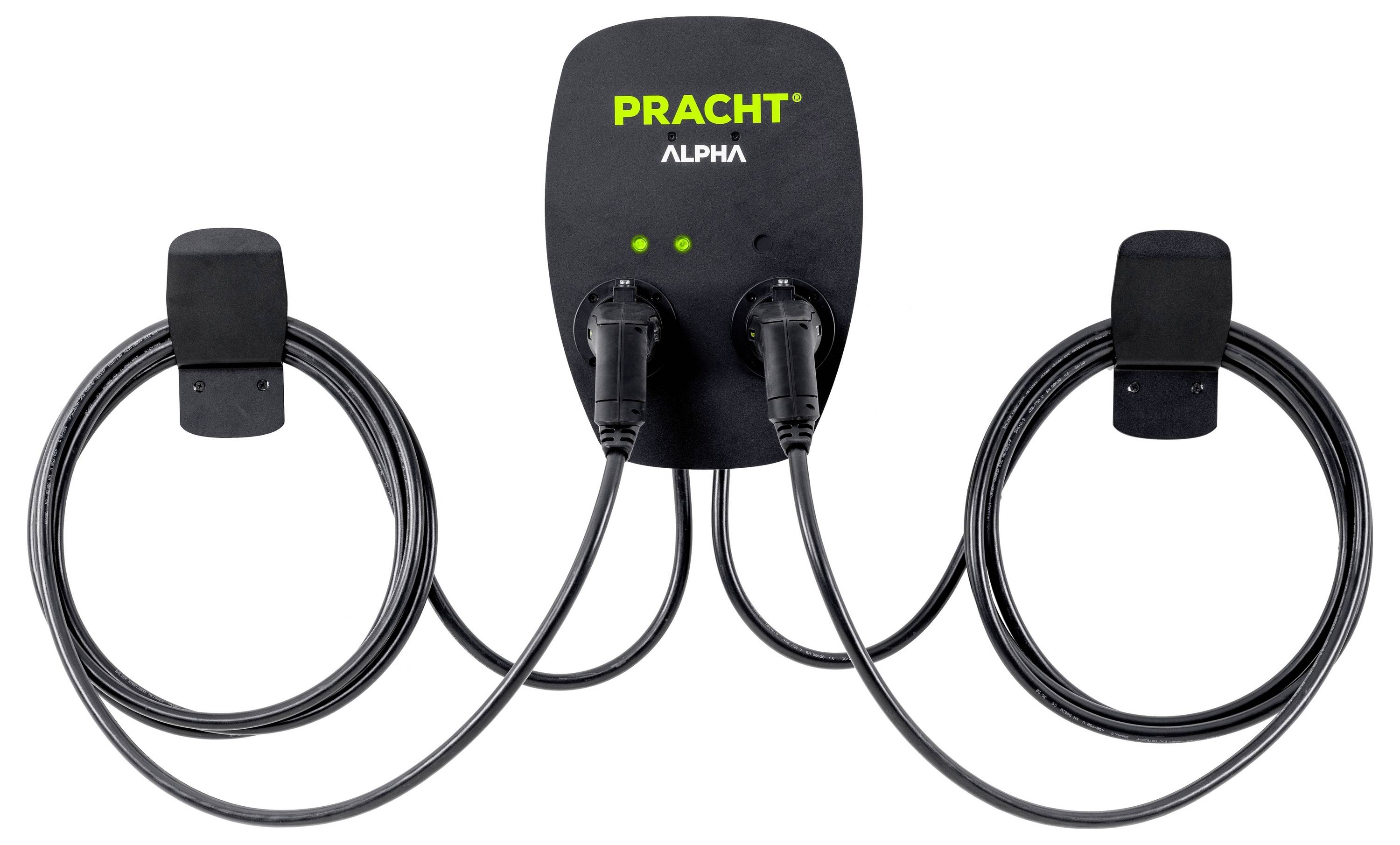 Doppelte Ladestation für Elektrofahrzeuge mit zwei Kabeln, Markenname 'Pracht Alpha' sichtbar.