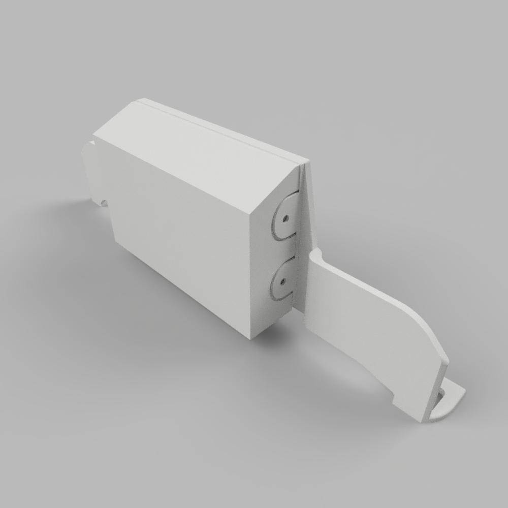 Ein weißer Karton mit offenem Deckel auf grauem Hintergrund. Der Karton ist rechteckig mit abgerundeten Ecken.