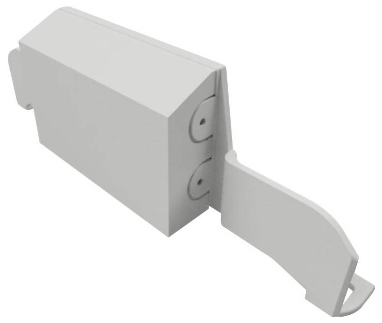 Ein weißes, eckiges Scharnier mit zwei sichtbaren Drehpunkten, das einen Winkel von 90 Grad bildet.