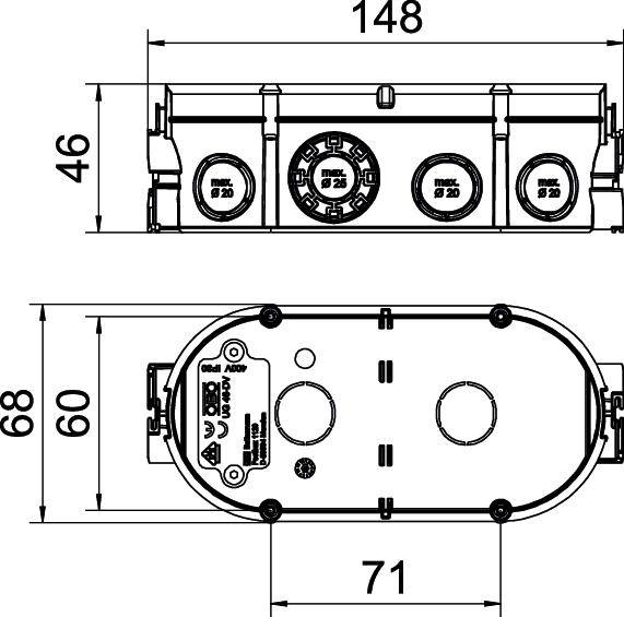 Technische Zeichnung eines rechteckigen Bauteils mit Maßen: Länge 148 mm, Breite 46 mm, Höhe 68 mm. Anschlüsse und Maße markiert.