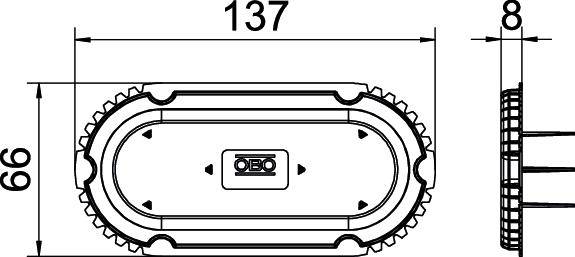 Technische Zeichnung eines ovalen Objekts mit den Maßen 137 x 66 x 8 mm. Detaillierte Ansichten der Form und Struktur.