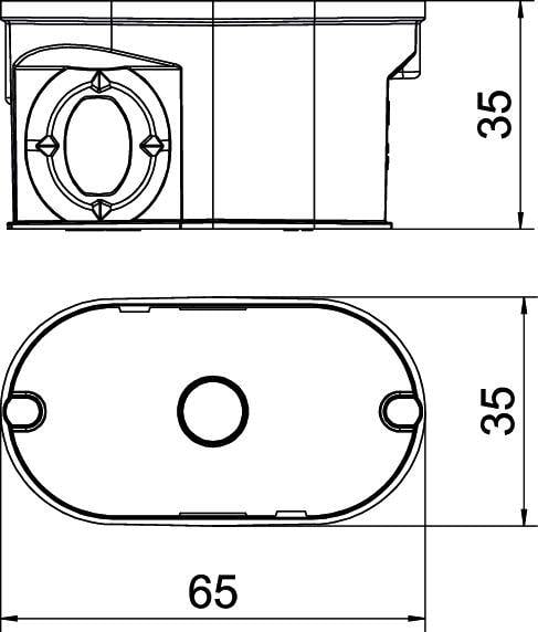 Technische Zeichnung eines ovalen Gehäuses mit den Maßen 65 x 35 mm. Zeigt die Seitenansicht oben und Draufsicht unten.