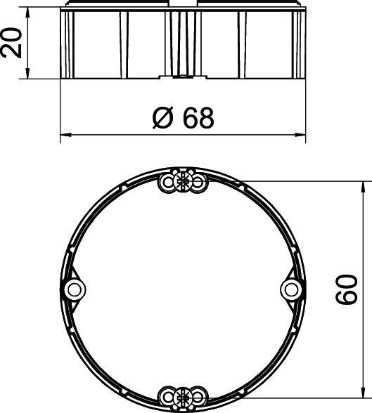 Technische Zeichnung zeigt Querschnitt und Maße einer runden Dose: 68 mm Durchmesser, 60 mm Höhe, 20 mm Deckelbreite.